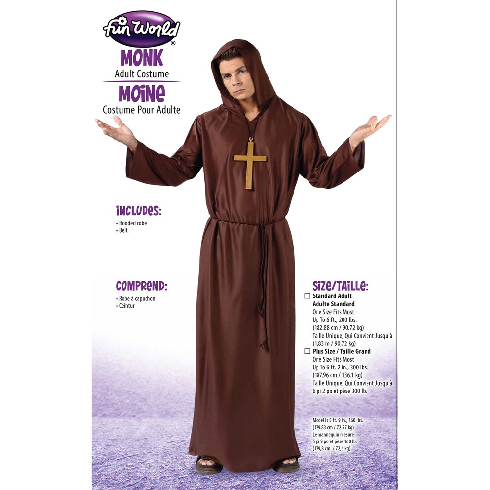 Fun World Monk Adult Costume Halloween Brown Hooded Brown Robe and Belt One Size